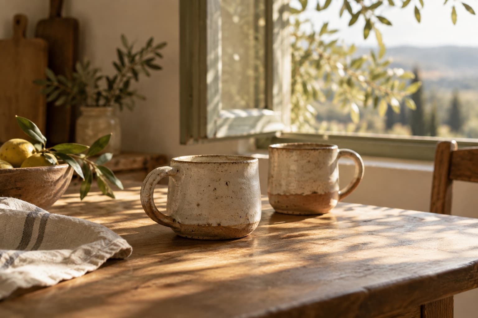 Two handmade mugs in the afternoon sunlight on a wooden table