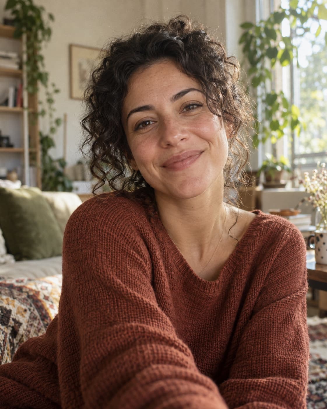 A woman sharing a warm smile in a sunlit room
